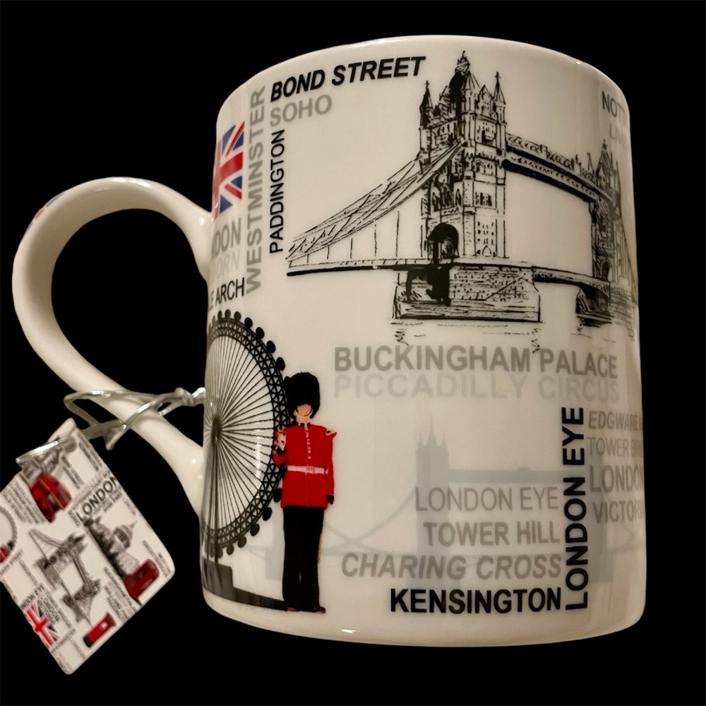 LONDON keepsake mug NWT - no chips/cracks - white/red/black/blue - fun mug!!!